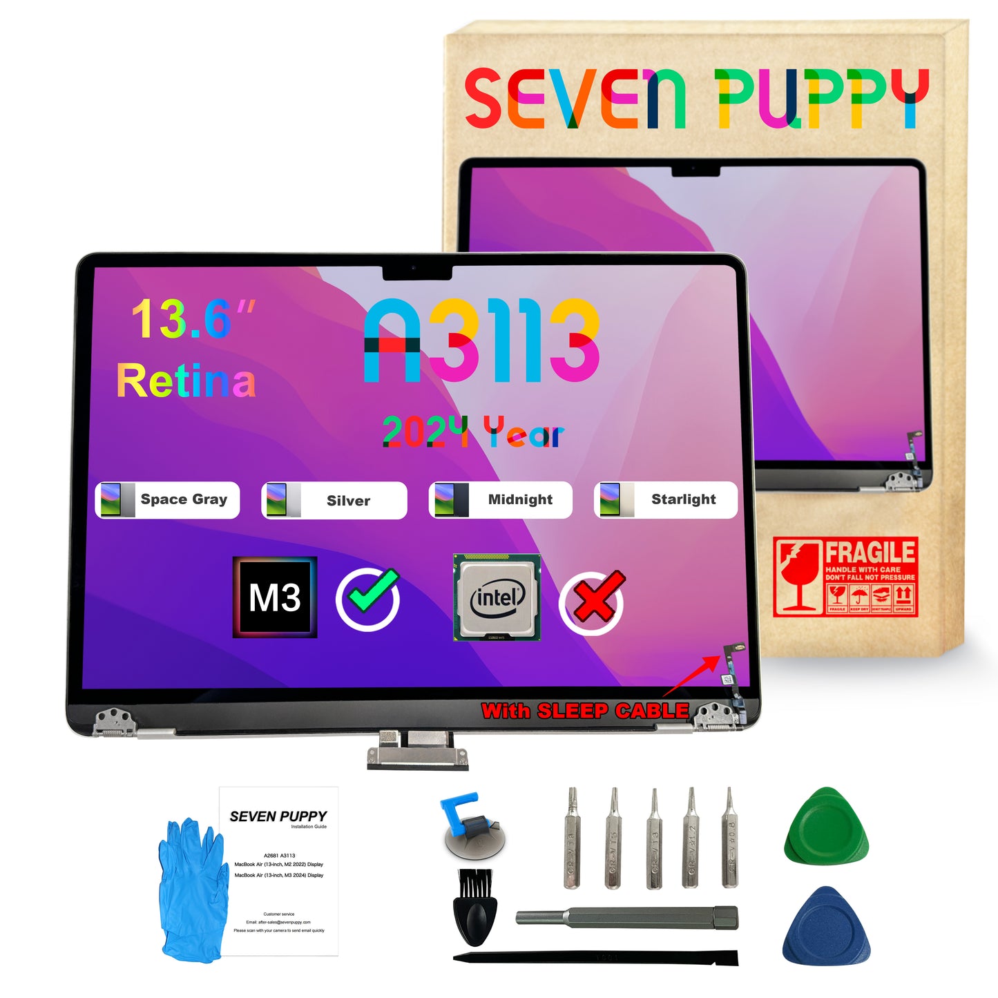 SEVEN PUPPY Brand NEW For Retina 13“ M3 A3113 2024 Year Retina Full LCD Display Screen Assembly Replacement